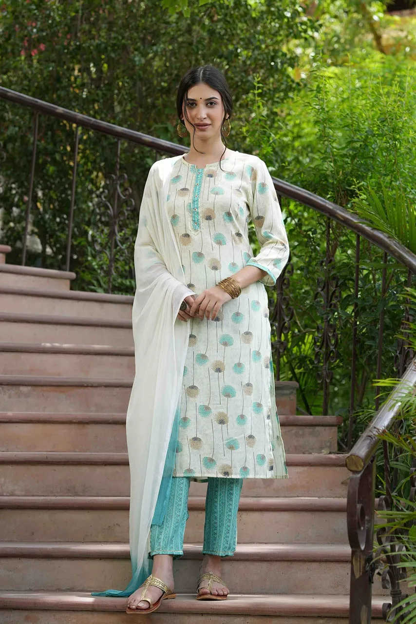 Women Sky-blue Rayon Printed Kurta Set