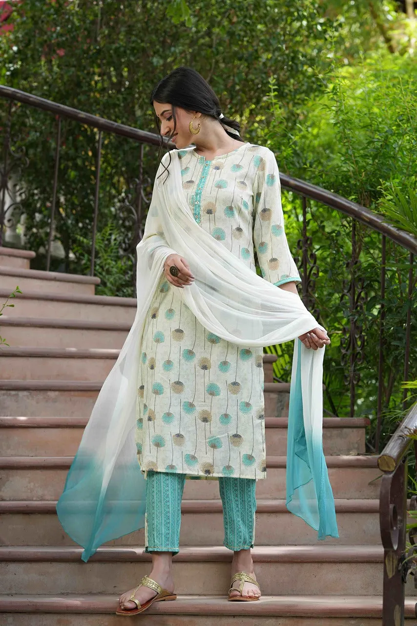 Women Sky-blue Rayon Printed Kurta Set