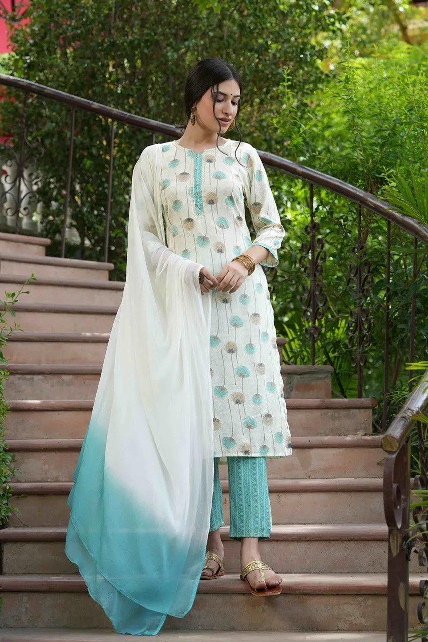 Women Sky-blue Rayon Printed Kurta Set