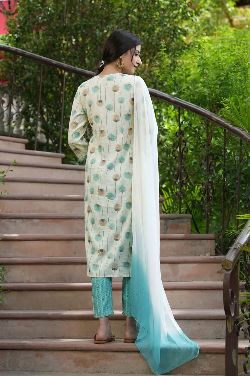 Women Sky-blue Rayon Printed Kurta Set