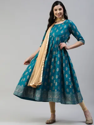 Women Turquoise Gold Print  Anarkali Kurta With Viscose Leggings & Net Dupatta