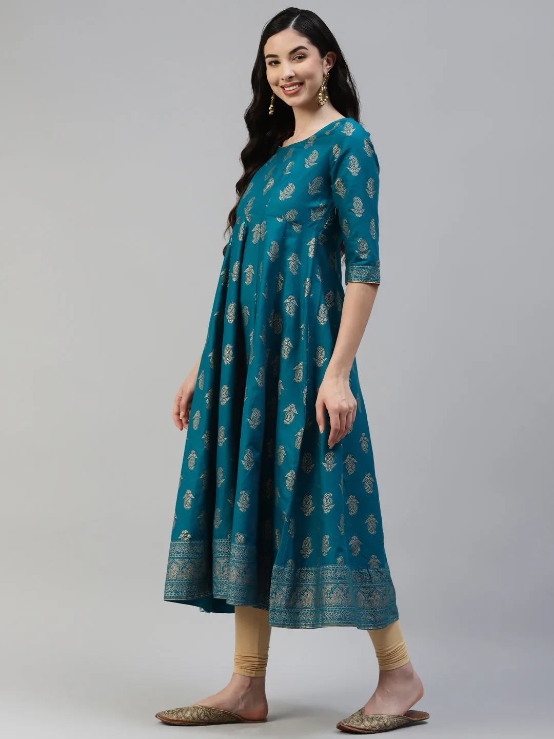 Women Turquoise Gold Print  Anarkali Kurta With Viscose Leggings & Net Dupatta