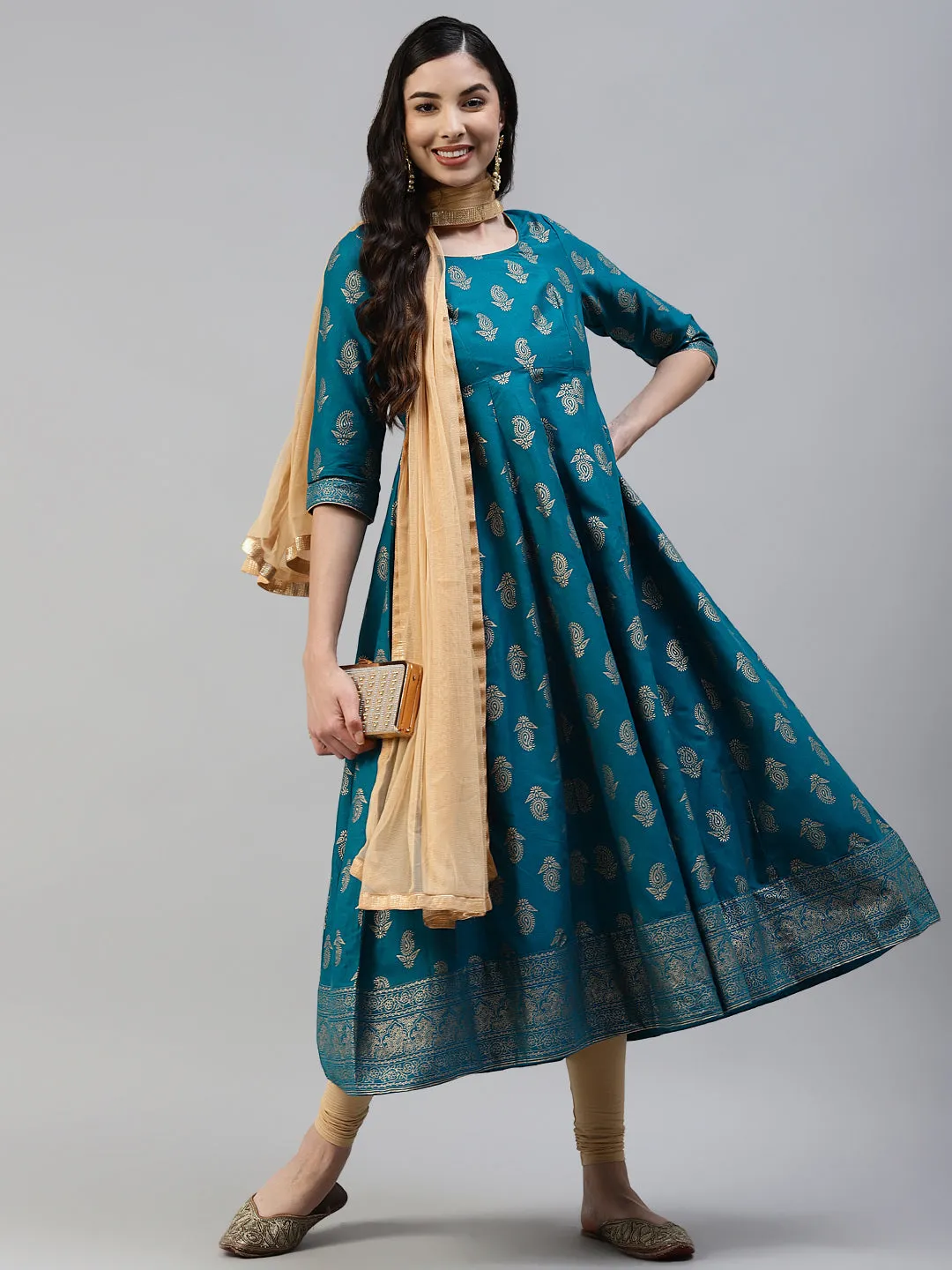Women Turquoise Gold Print  Anarkali Kurta With Viscose Leggings & Net Dupatta