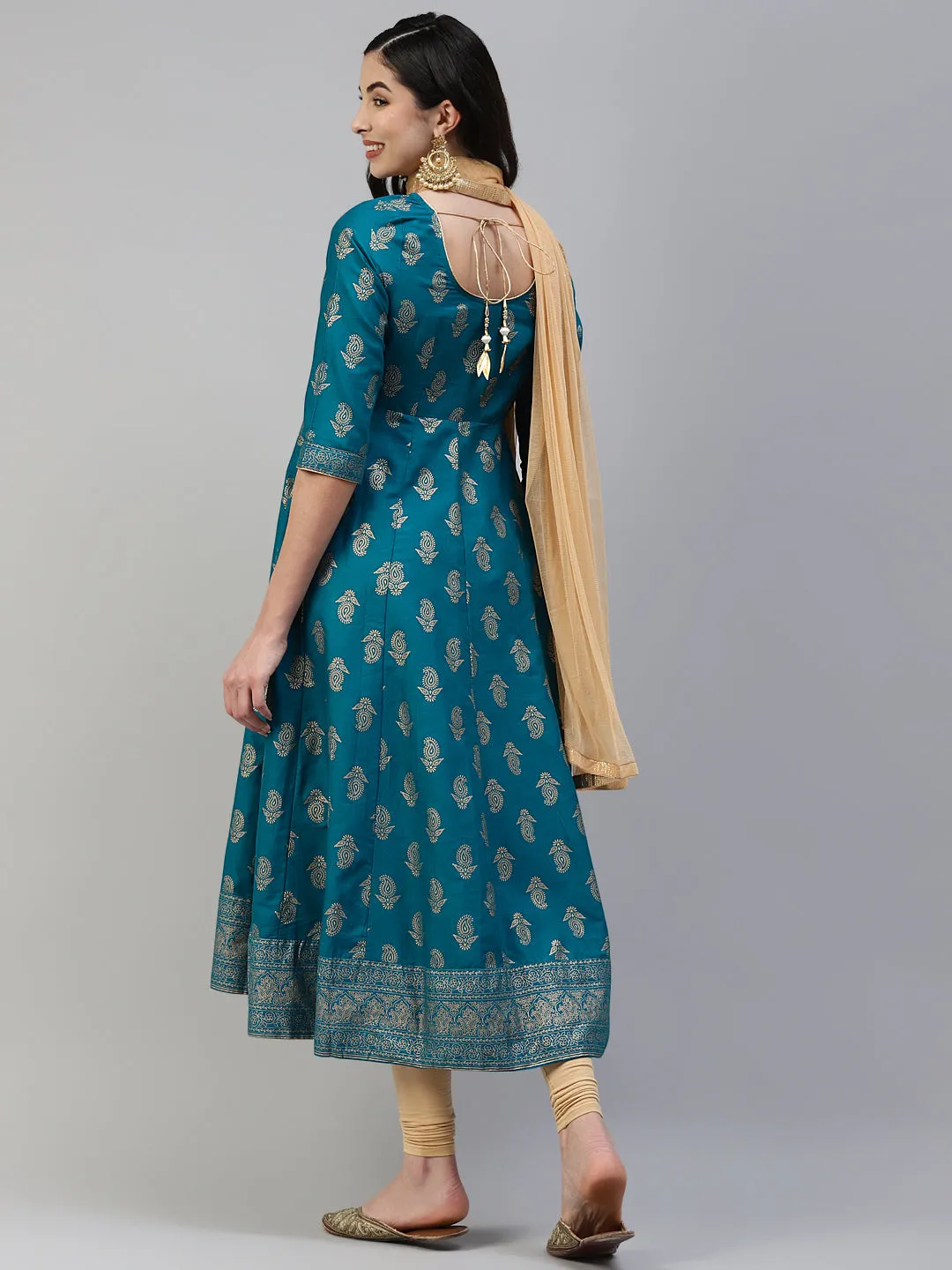 Women Turquoise Gold Print  Anarkali Kurta With Viscose Leggings & Net Dupatta