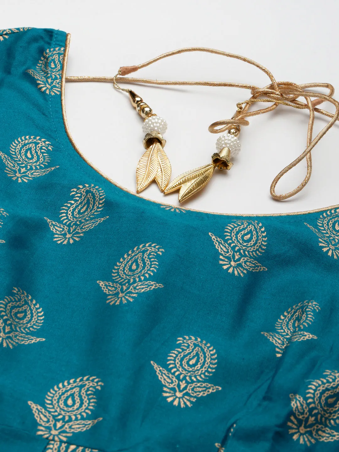 Women Turquoise Gold Print  Anarkali Kurta With Viscose Leggings & Net Dupatta