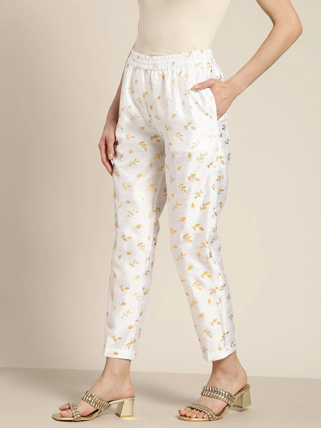 Women White Chanderi Gold Foil Pencil Pants