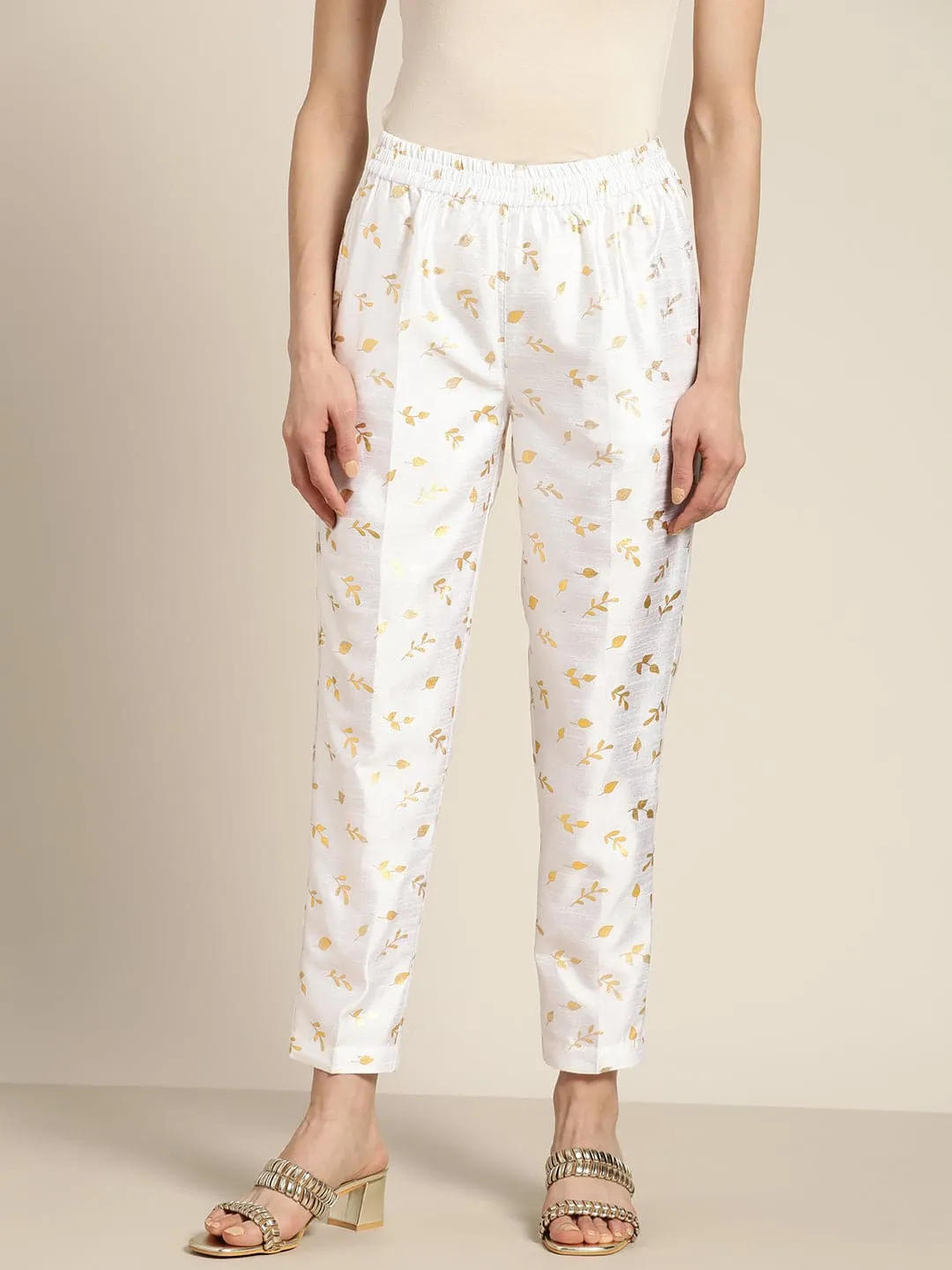 Women White Chanderi Gold Foil Pencil Pants