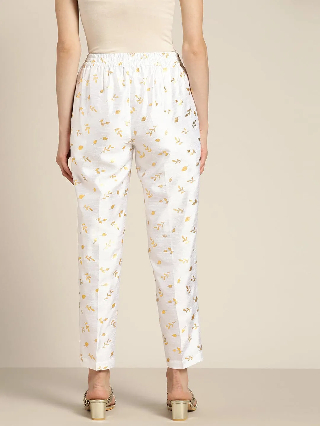 Women White Chanderi Gold Foil Pencil Pants