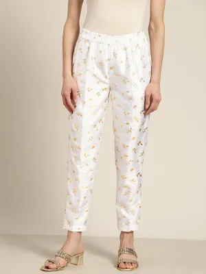 Women White Chanderi Gold Foil Pencil Pants