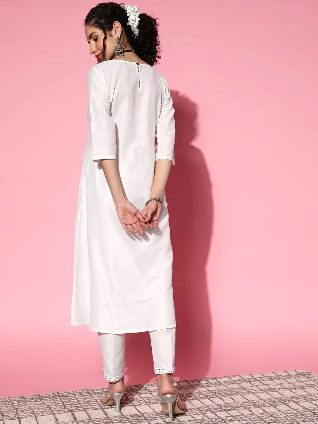 Women White Mirror Embroidered A-Line Kurta With Pants