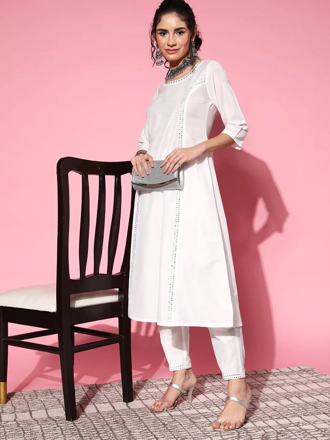 Women White Mirror Embroidered A-Line Kurta With Pants