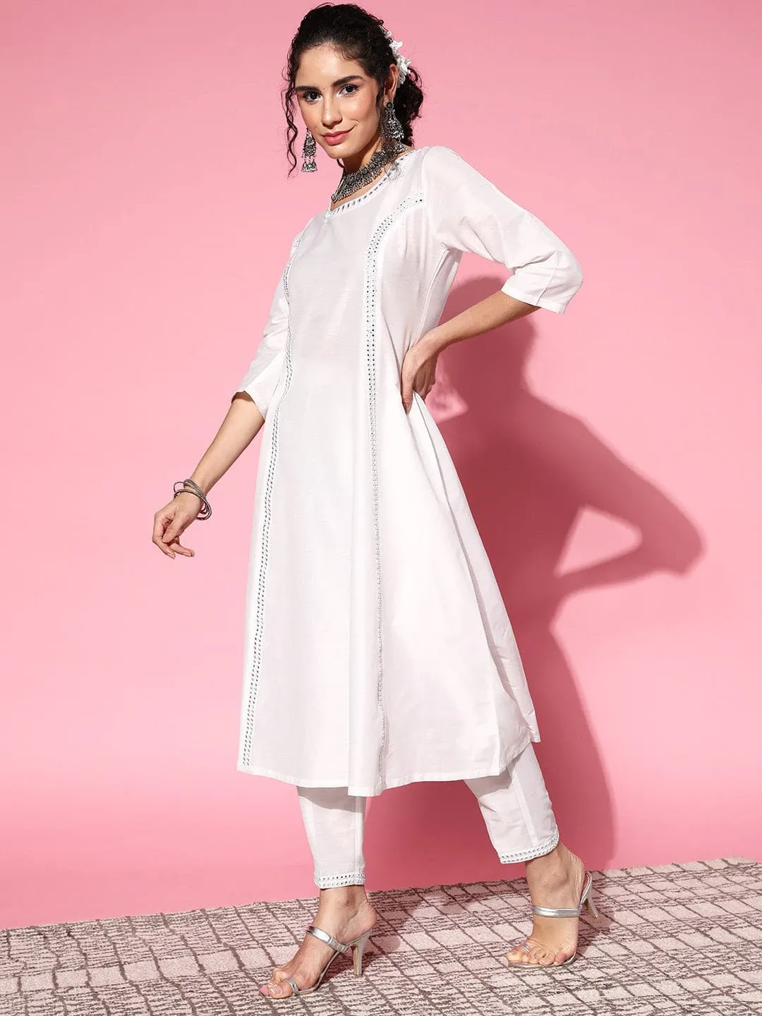 Women White Mirror Embroidered A-Line Kurta With Pants