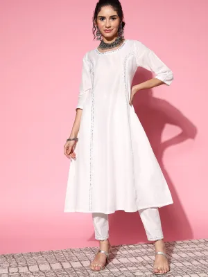 Women White Mirror Embroidered A-Line Kurta With Pants