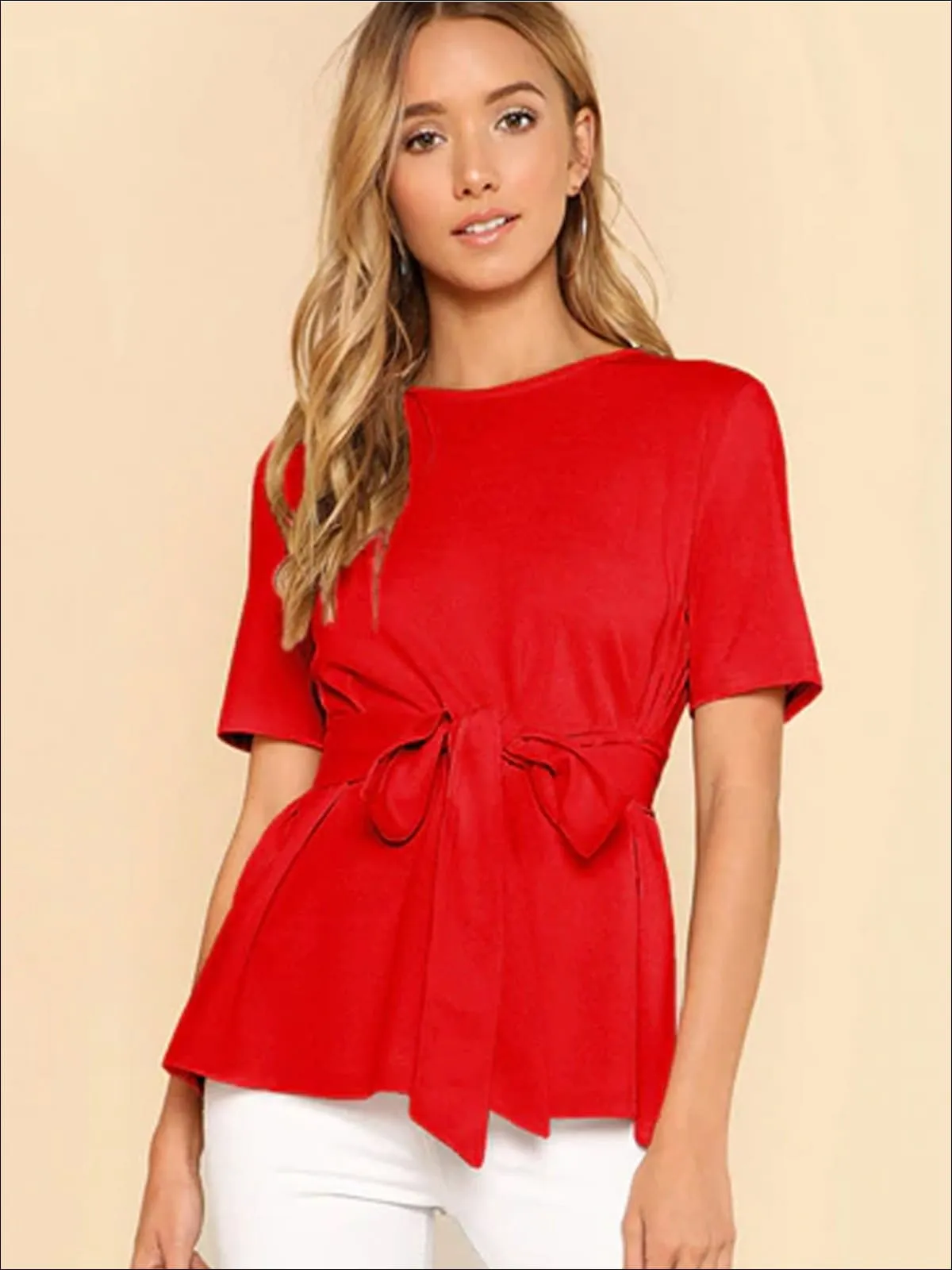 Women's Basic Belted Short Sleeve Blouse